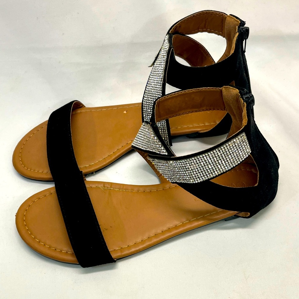 Olivia Miller Day Dreams Ankle Strap Sandals W\Rhinestones Heel Zip 7 BLACK
